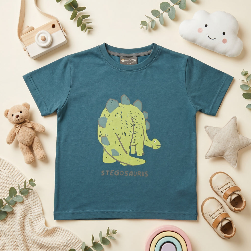 Stegosaurus Graphic Teal Blue Cotton T-Shirt for Kids