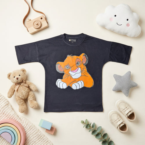 Black Lion Simba Graphic Black Cotton T-Shirt for Kids