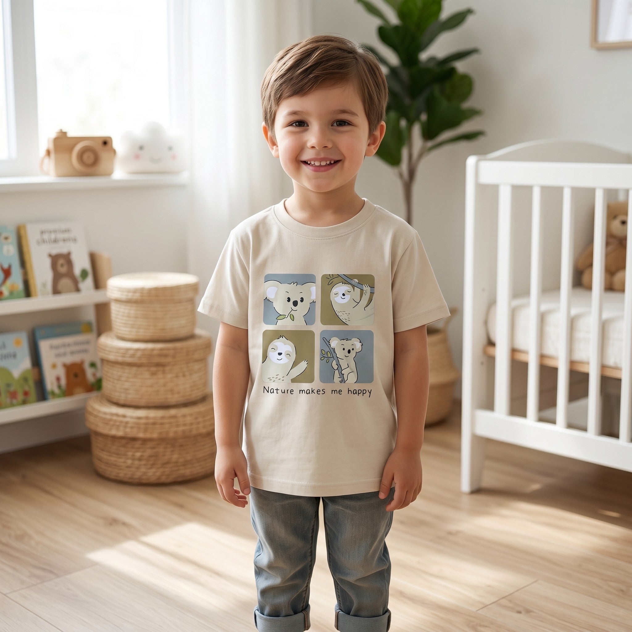 Nature Makes Me Happy Creamy Beige Graphic T-Shirt for Kids
