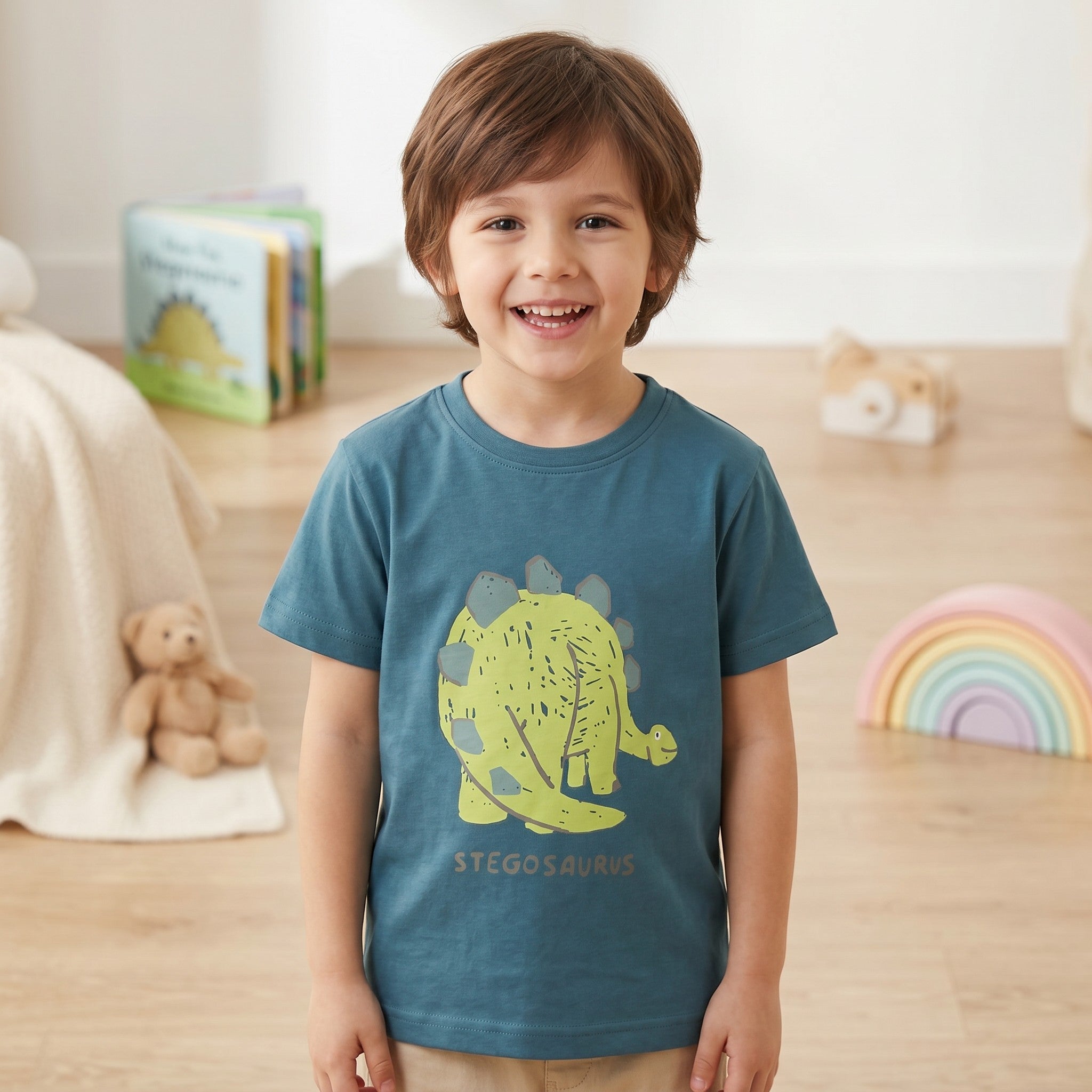 Stegosaurus Graphic Teal Blue Cotton T-Shirt for Kids